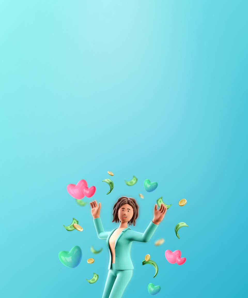Corporate woman jumping up with hearts and dollar bills (small)
