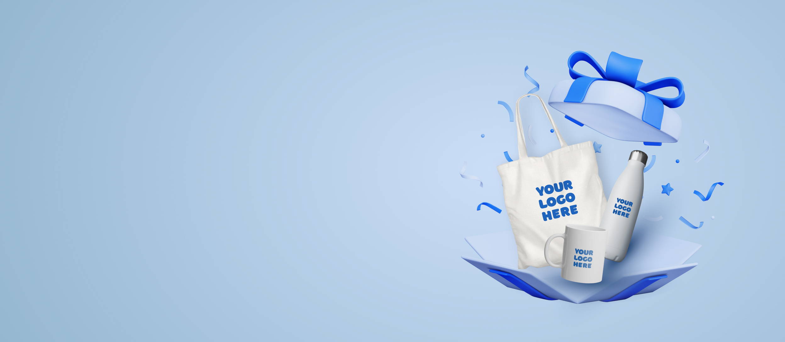 Tote bag, mug, and water bottle with 'Your Logo Here' in an opened gift box (large)
