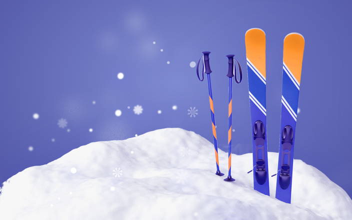 Skis and ski poles stuck in the snow for Confetti's Virtual Racing Experience
