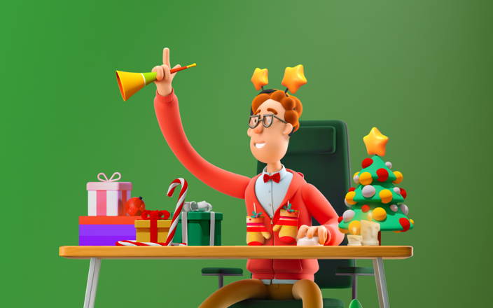 Festive employee raising their hand at their desk surrounded by presents, candles, and a Christmas tree for Confetti's Winter Holiday Trivia