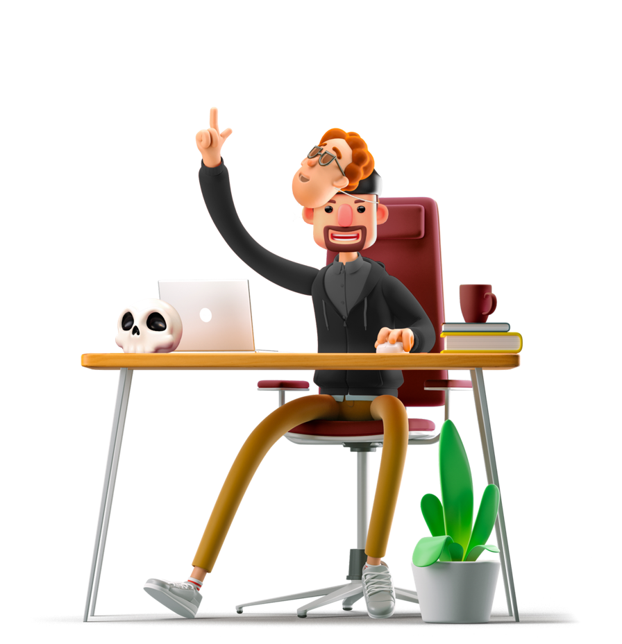 Person sitting at desk revealing his face under a disguise mask