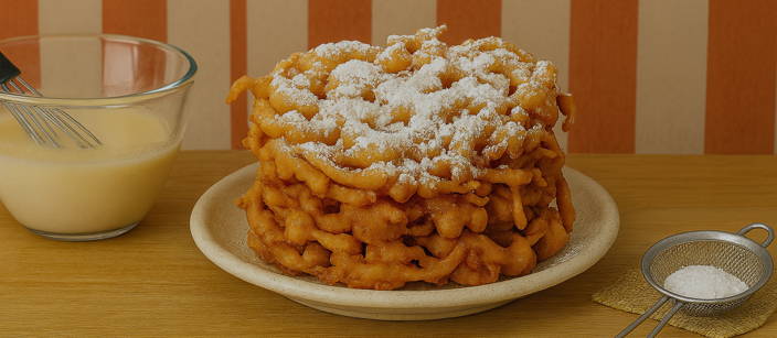 Image of funnel cake batter and a completed funnel cake 