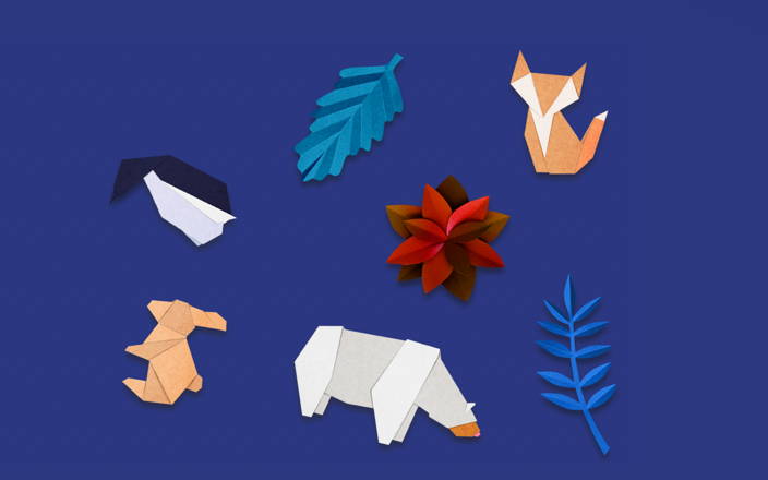 Origami shaped like winter animals and foliage for Confetti's Winter Origami Class (Large)