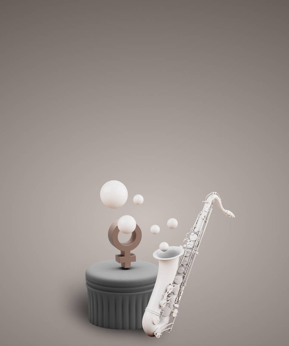Female symbol on a pedestal next to a saxophone for Confetti's D.C. Broadway (Small) 