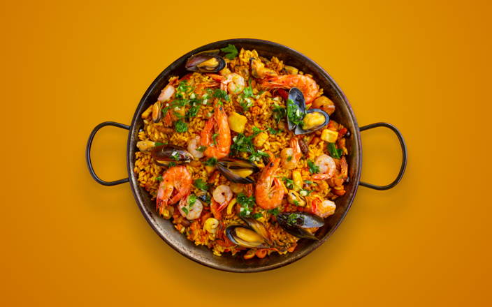 Traditional Spanish seafood Paella in a pan (preview)