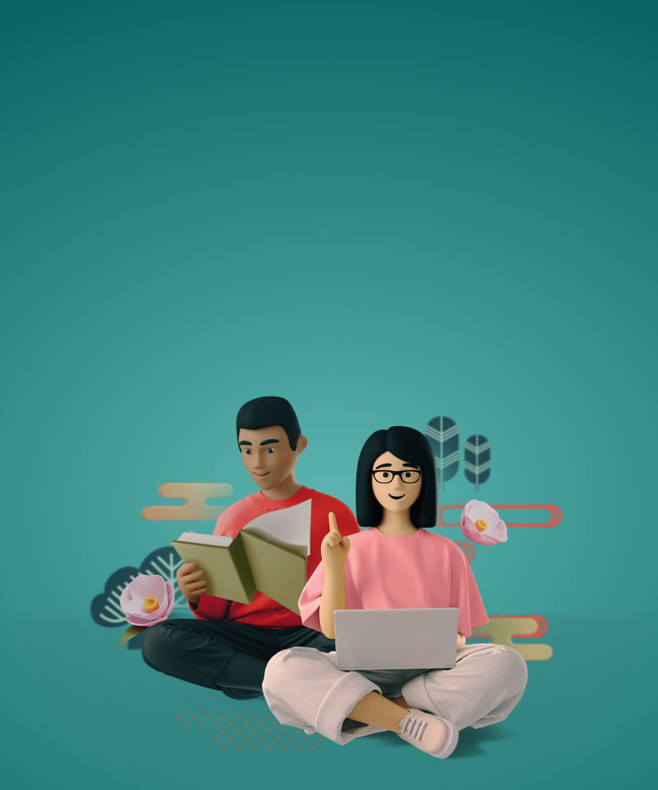 Two 3D cartoon AAPI employees sitting and reading a book and using a laptop for Confetti's Virtual Celebrate AAPI Cultural Impact