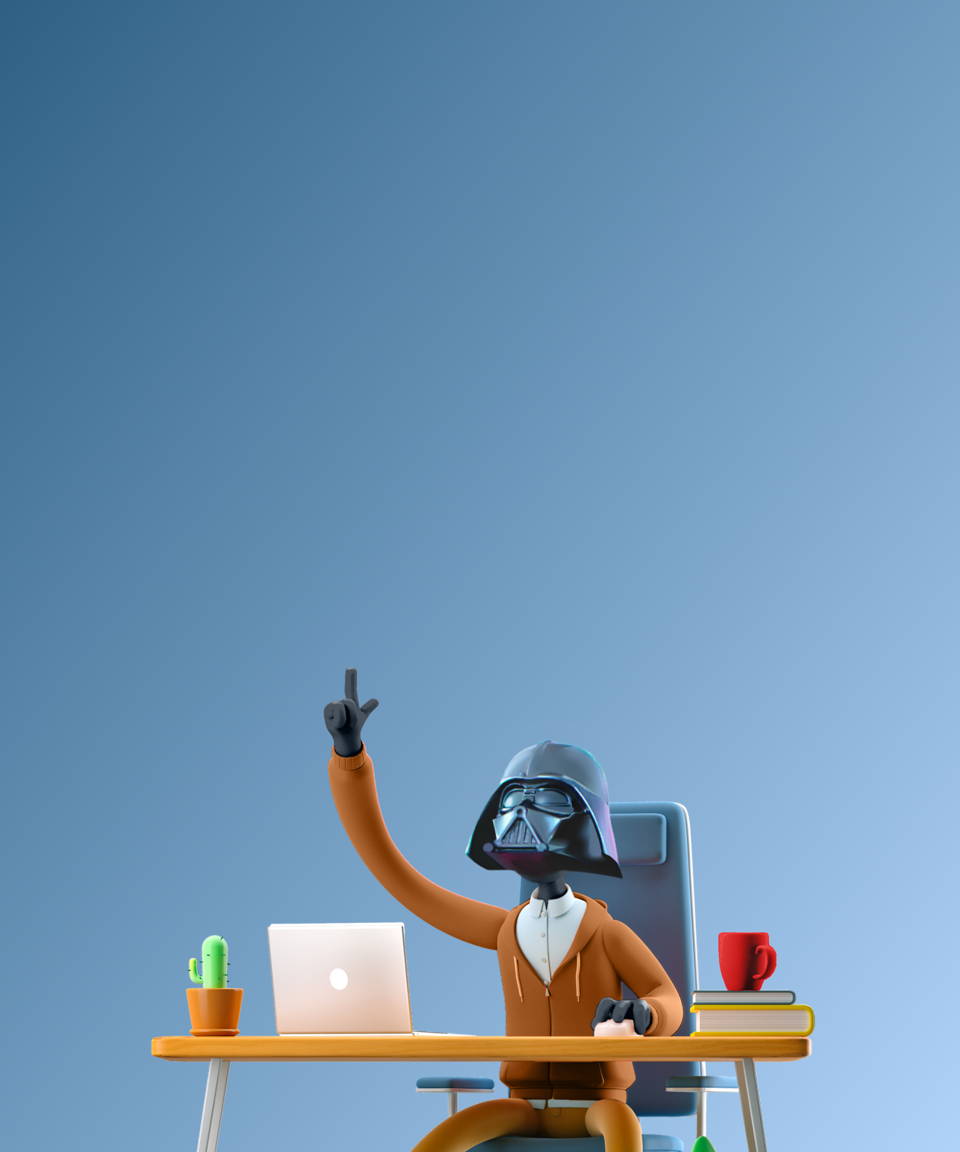 Man with a Darth Vader mask sitting at work desk (small)
