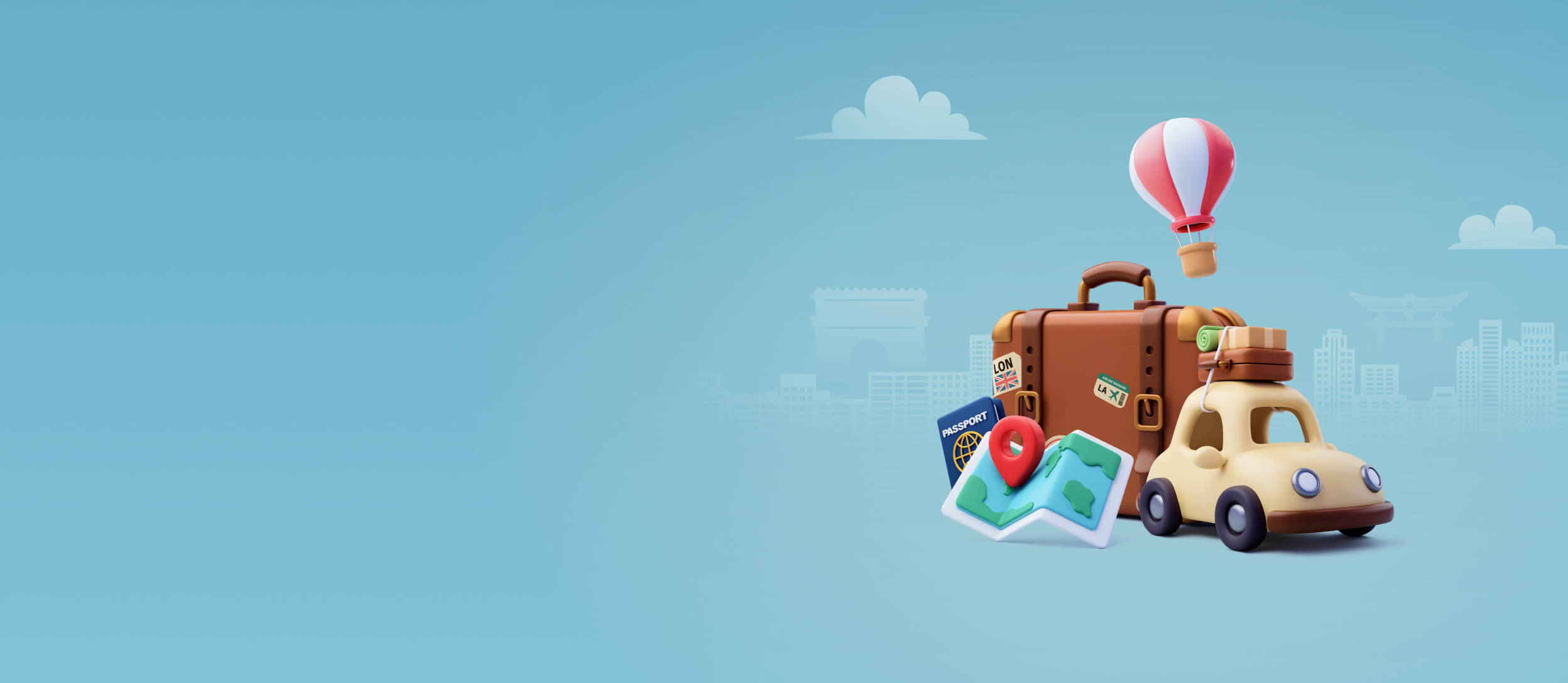 Map, passport, suitcase, car, hot balloon in city (large)