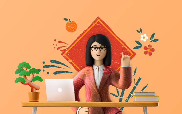 An AAPI businesswoman sitting at her desk and raising her hand to make a guess for Confetti's Virtual AAPI Trivia