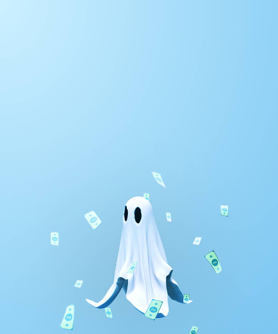 A sheet ghost surrounded by falling money for Confetti's Virtual Halloween Jeoparty