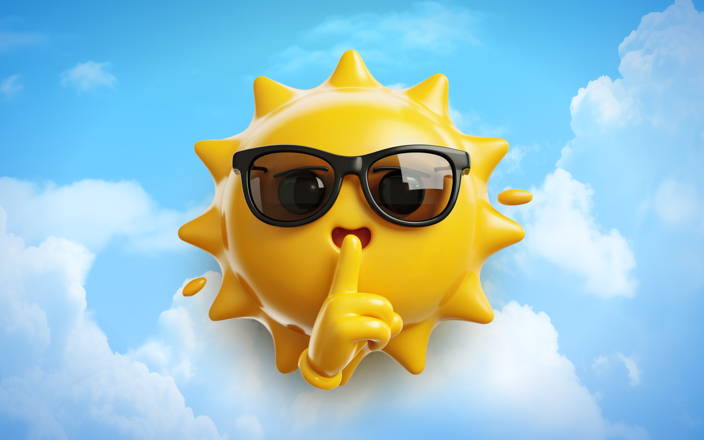 3D sun with sunglasses making a silent gesture in the clouds (preview)