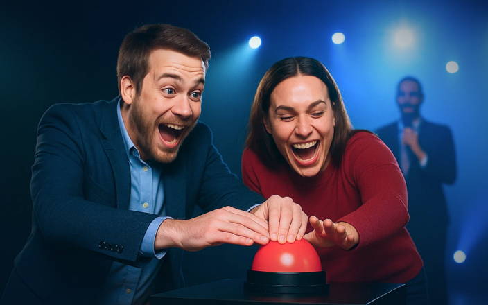 Two people, one male and one female, playing a game show. They are excited and pressing a red buzzer
