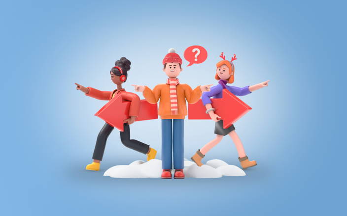 Man dressed in winter attire confused about which way to go and two women running in opposite directions (preview)