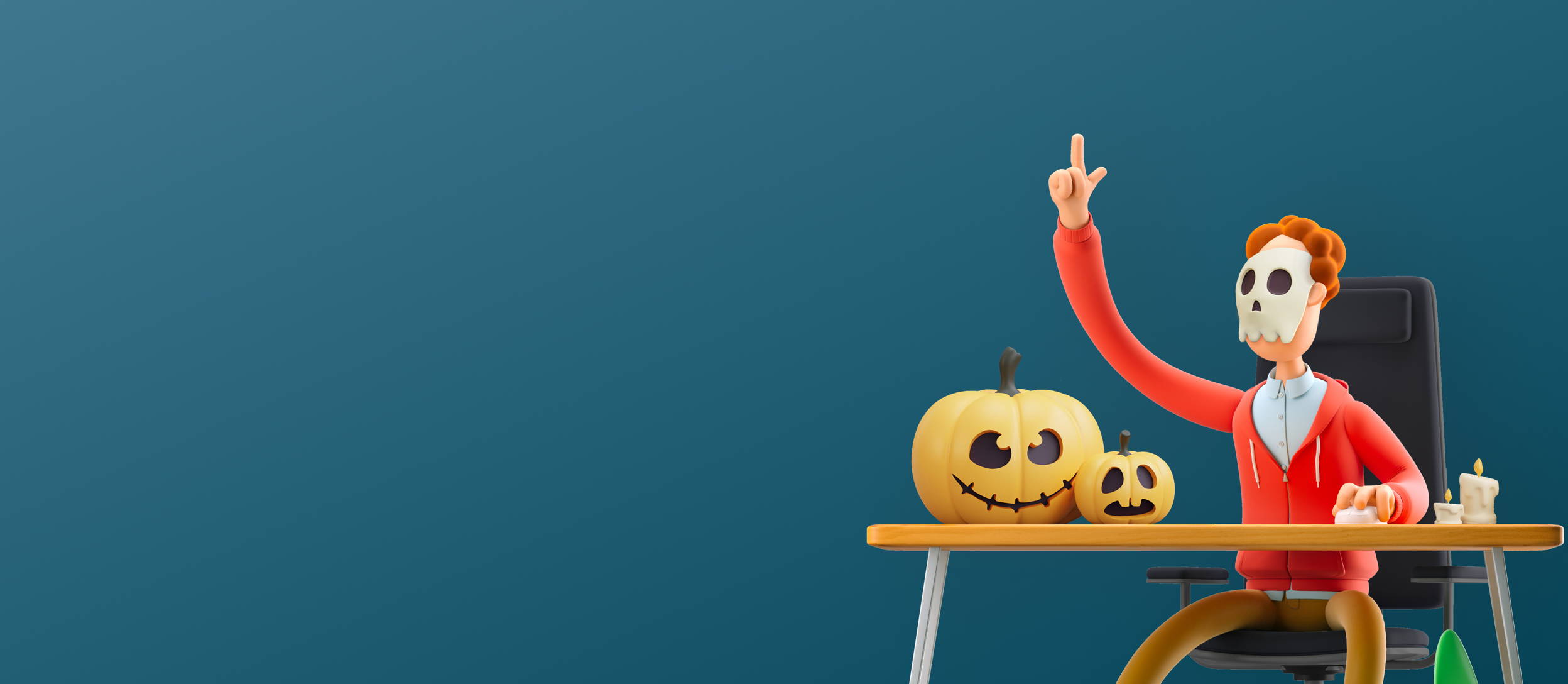 Man wearing a skull mask at a desk with pumpkins (large)