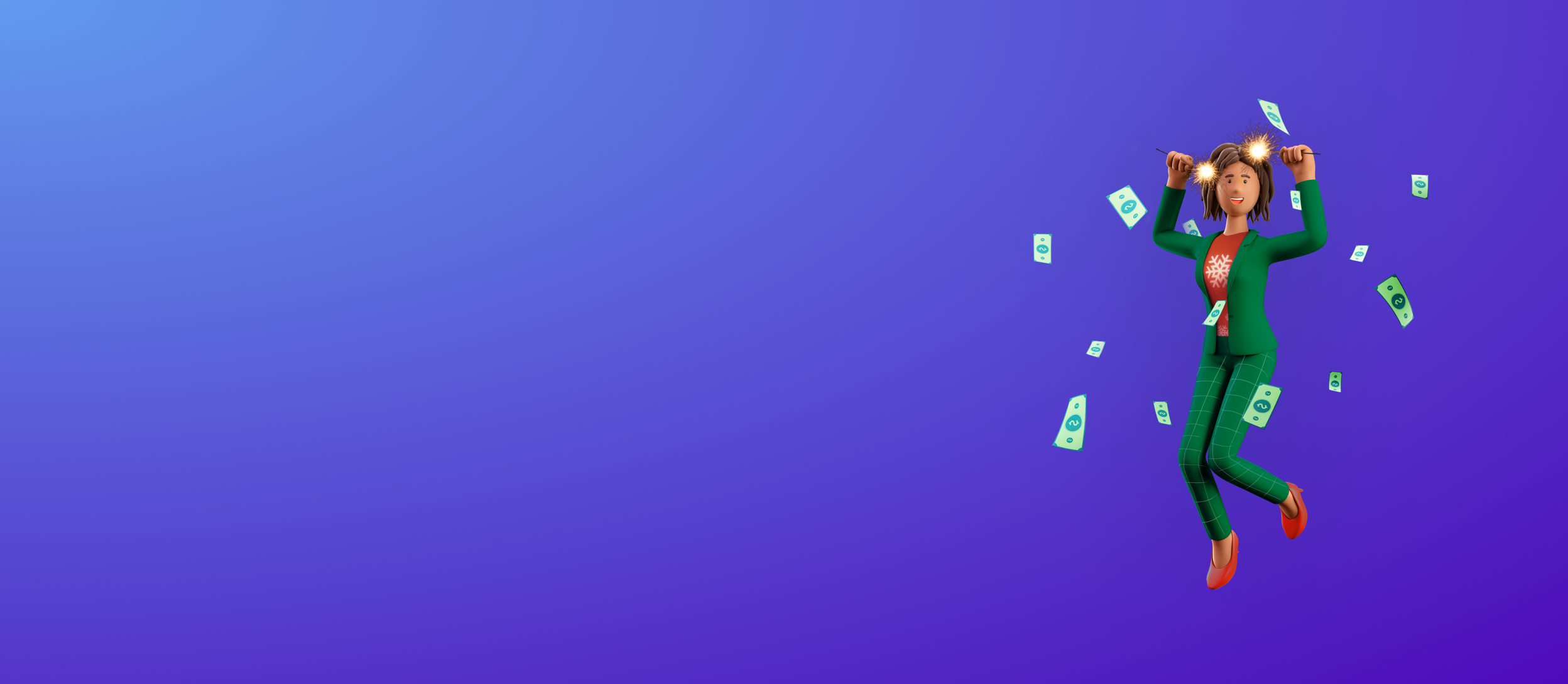 Money surrounding a businesswoman dressed in a red and green outfit holding sparklers for Confetti's Virtual Holiday Jeopardy