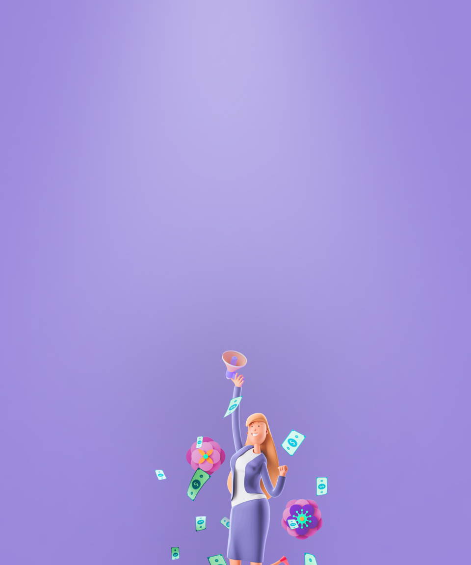 Businesswoman jumping in joy with megaphone, flowers, and money (small)