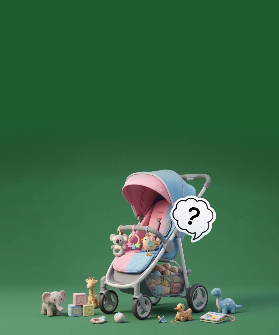 Baby stroller full of & surrounded by baby toys (blocks, rattles, stuffed animals, etc.), with a question mark in a speech bubble coming out, all on a green backdrop.