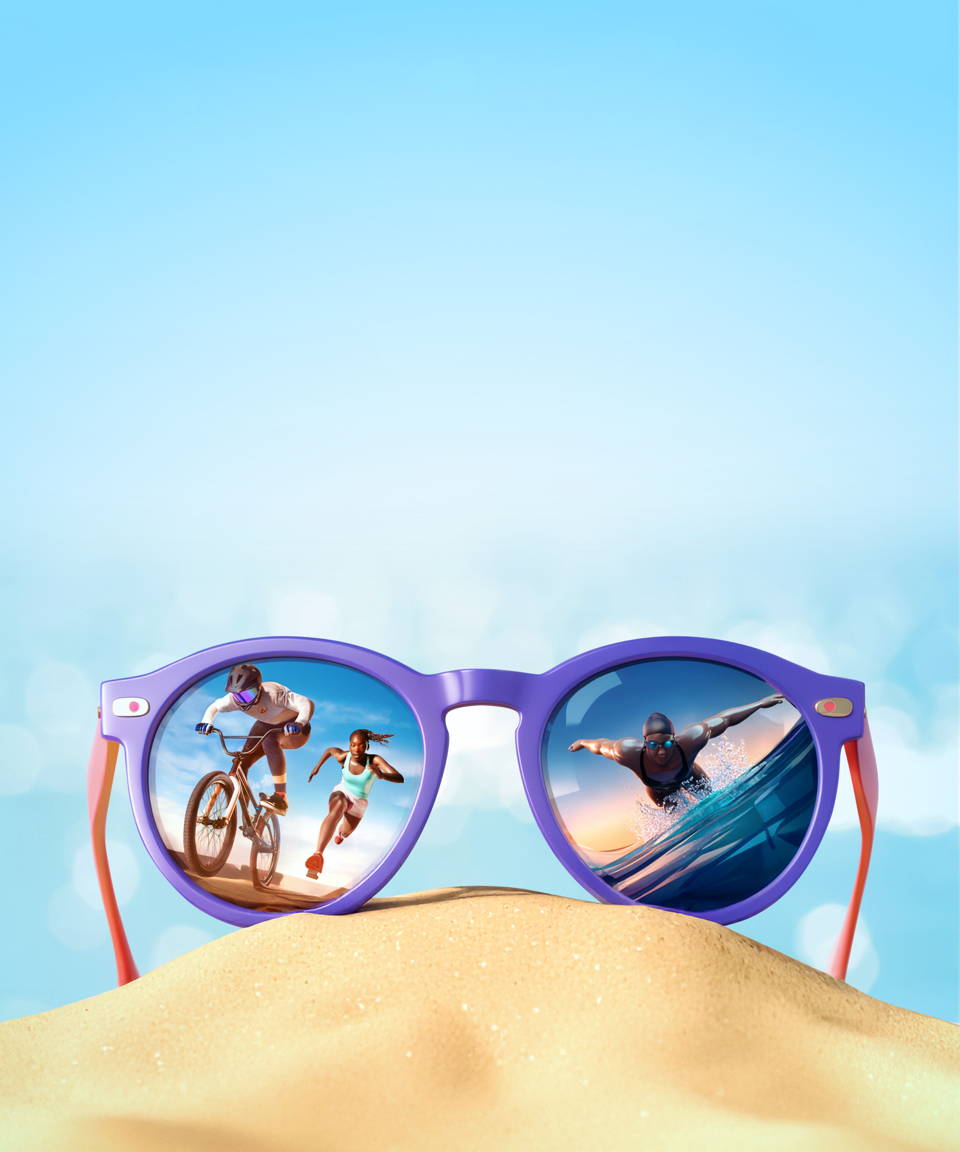 Sunglasses on a beach with athletes running, biking, and swimming in reflection (small)