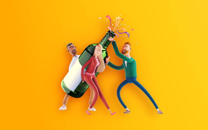 Three people holding a giant bottle with Confetti popping out for Confetti's Virtual Holiday Party