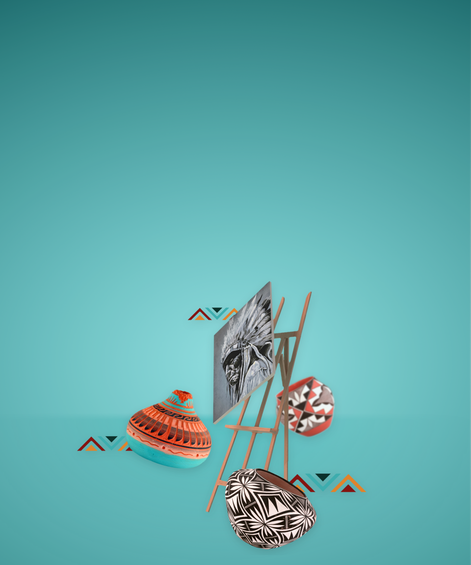 An easel surrounded by various Native American Art for Confetti's Virtual Exploring Native American Art