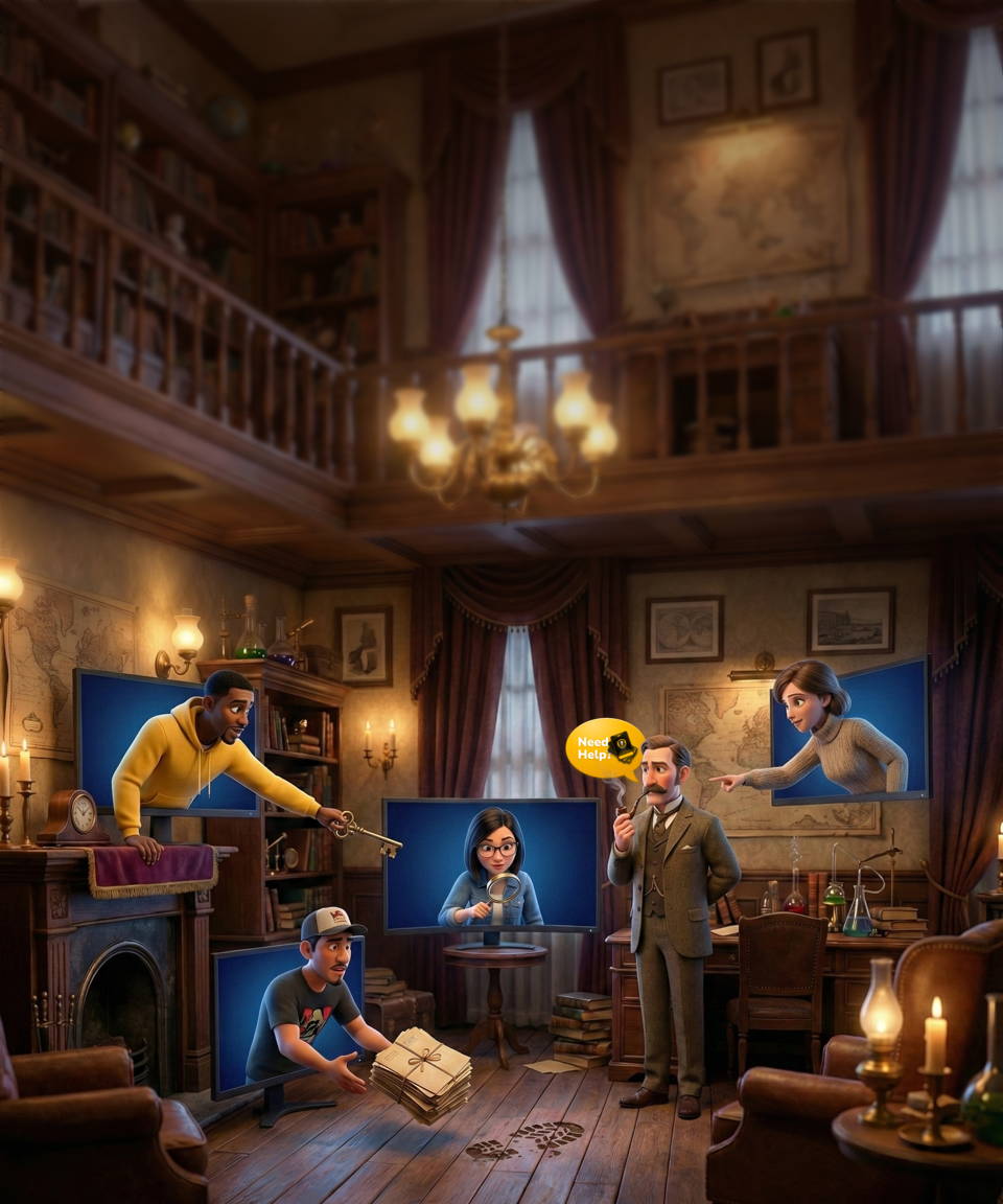A group of four people are shown in a room trying to figure out a mystery.