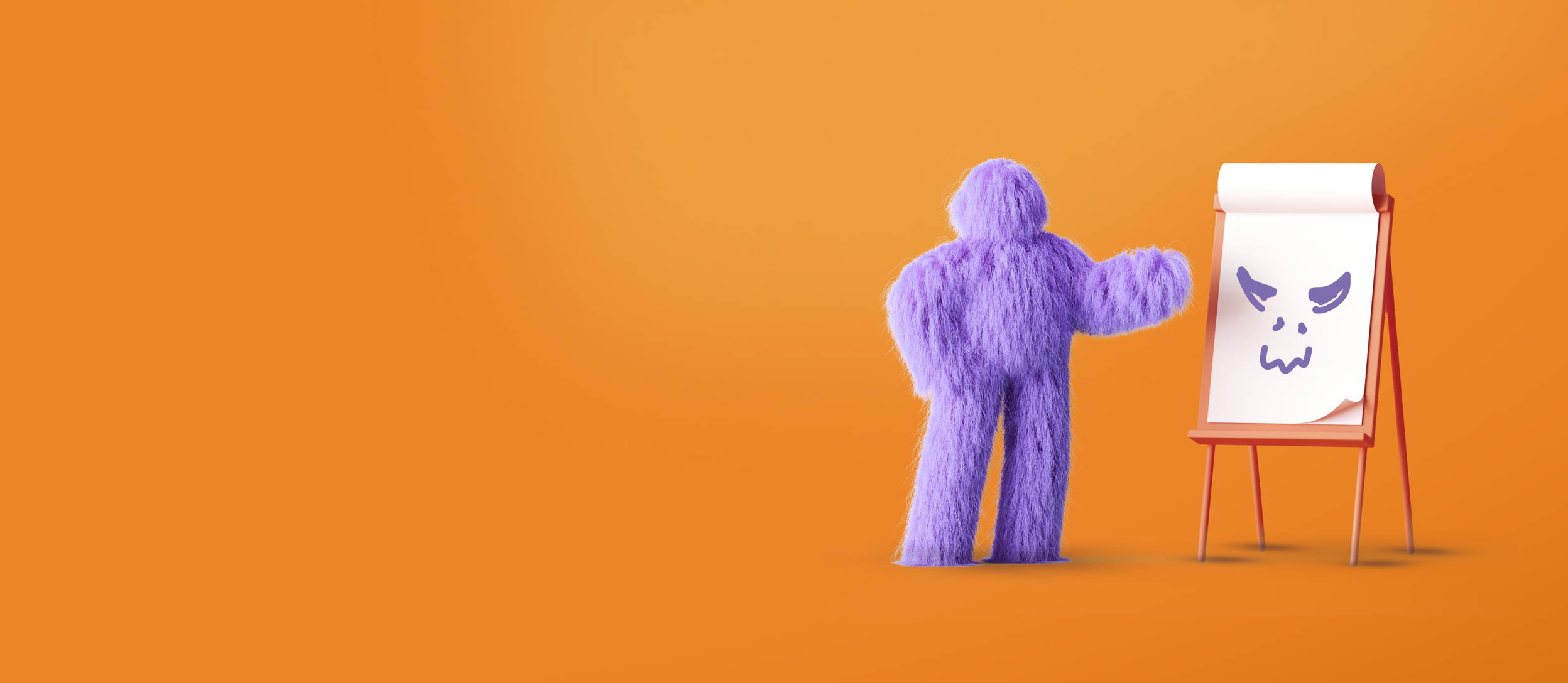 Fluffy purple monster standing in front of an easel and pad (Large)