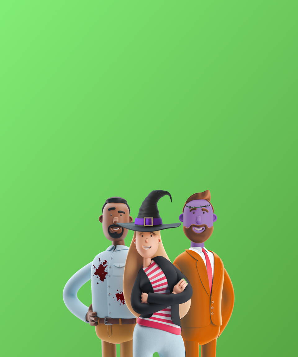 Three 3D cartoon employees dressed in Halloween costumes for Confetti's Virtual Halloween Coworker Feud