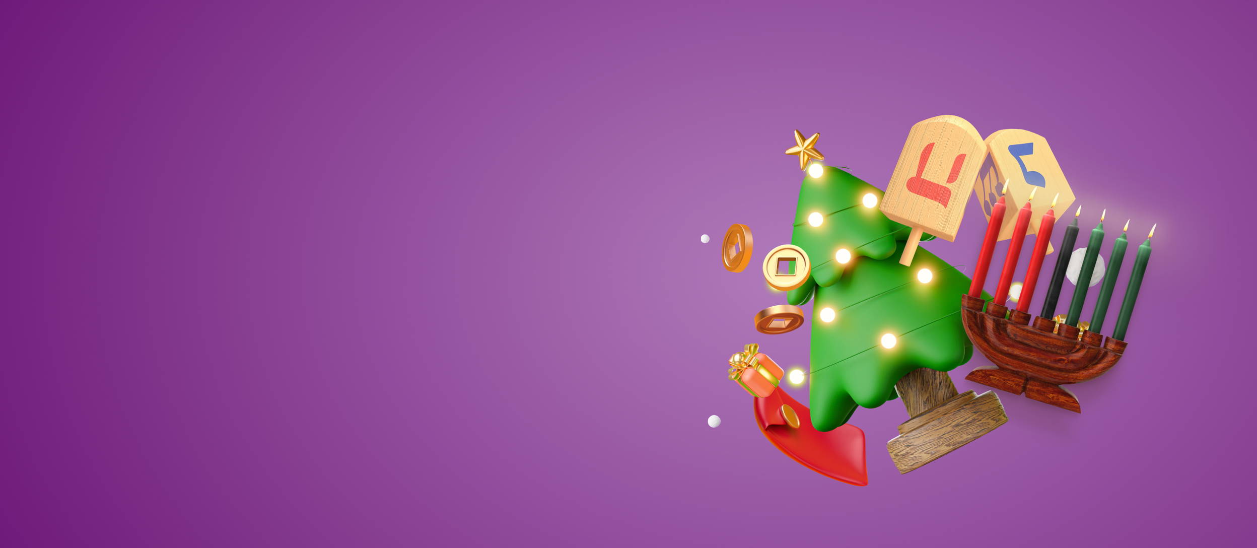 Gold coins, dreidels, a Christmas tree, menorah, and other holiday items for Confetti's Virtual Winter Holidays Around the World