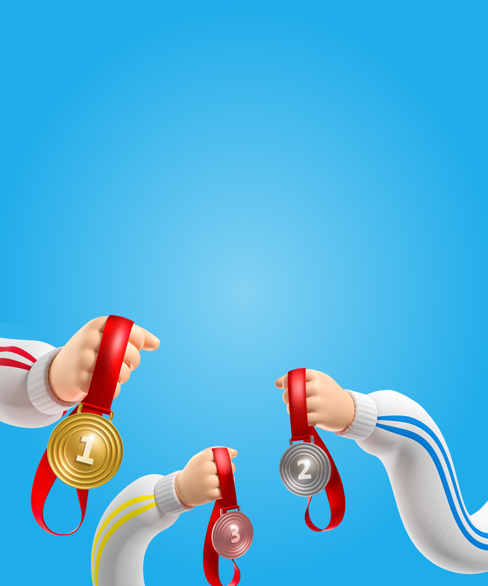 3 hands in sporty tracksuits holding gold, silver, and bronze olympic medals (small)