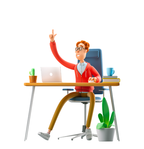 Worker at desk pointing upwards