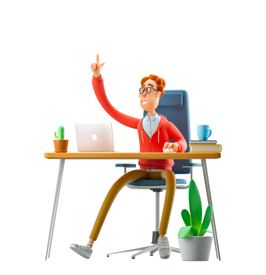 Worker at desk pointing upwards