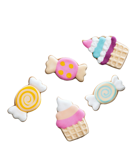 Candy and cupcake shaped cookies decorated with icing