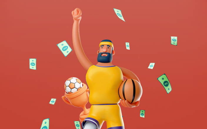 Athlete holding a basketball, soccer ball inside of a trophy, and flying bills (preview)