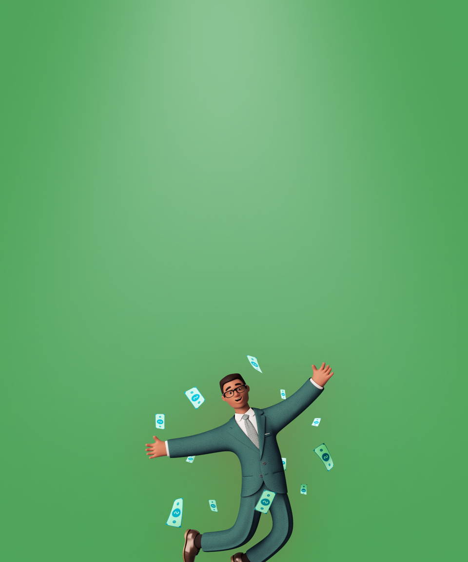 Hispanic Latin American businessman jumping up in joy, flying money bills (small)