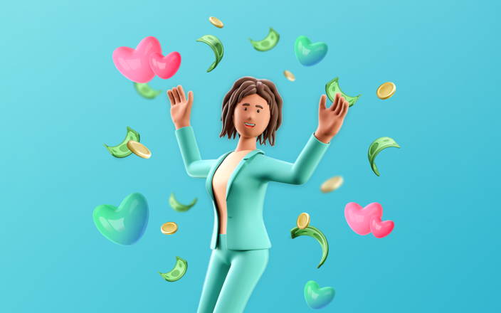 Corporate woman jumping up with hearts and dollar bills (preview)