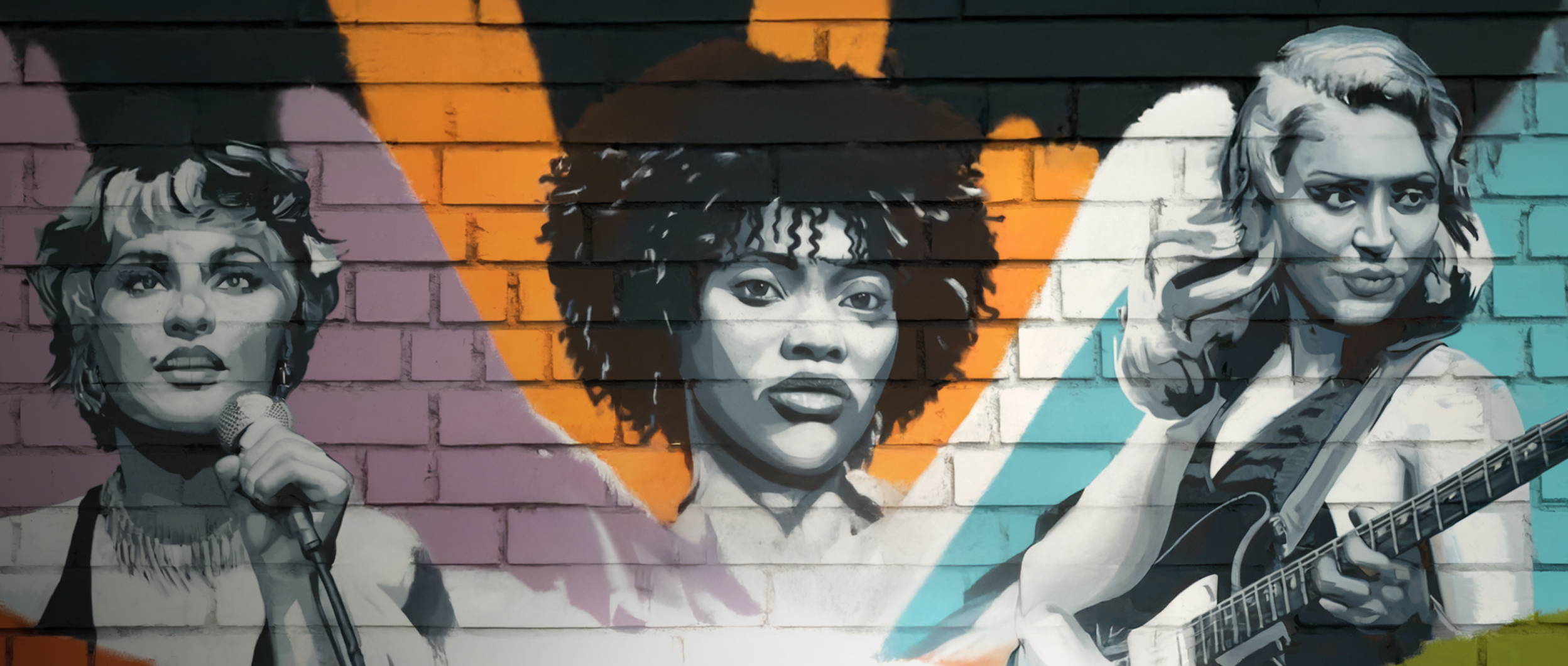 Three women musicians graffitti wall art in pop art style