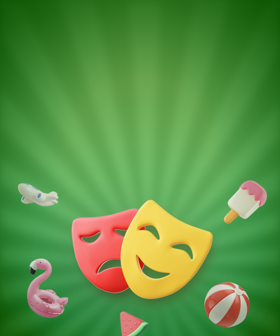 Comedy and tragedy masks with popsicle, plane, watermelon, ball, and floaties (small)