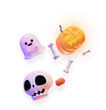 Smiling ghost, skull head, pumpkin, and bones for Halloween Team Building