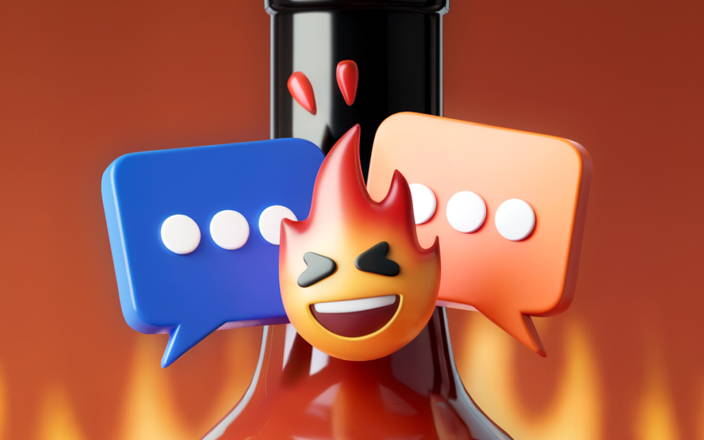 Bottle of hot sauce with excited fire emoji and chat bubbles (preview)