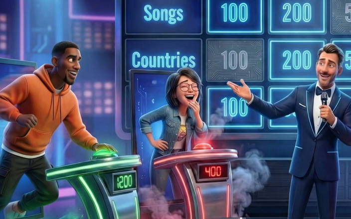 A group of people play a game similar to Jeoparty. There is a big board in the back with categories and numbers.