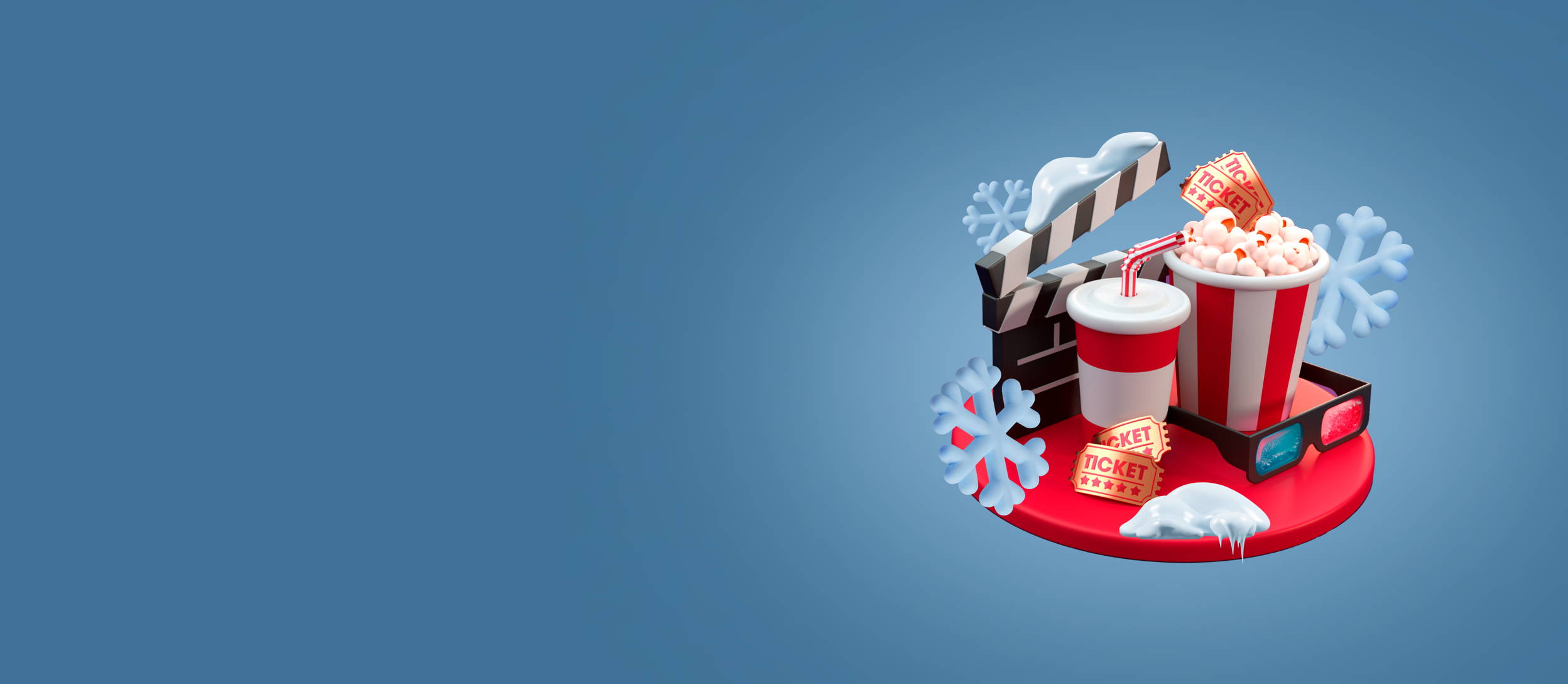 Movie film clapboard, 3d glasses, popcorn, admission ticket, and snow for Seen It? (large)