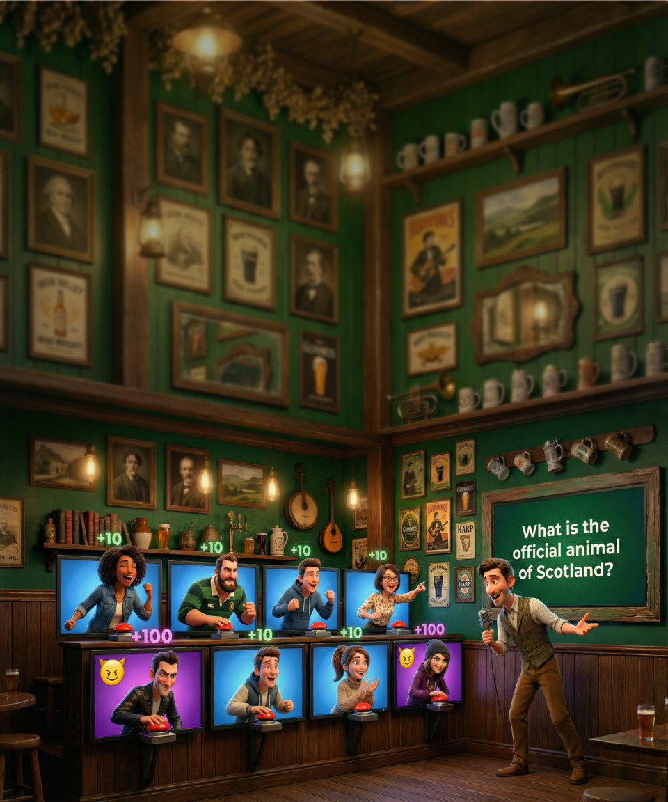 A group of 8 plays a trivia game where one person is a "traitor."