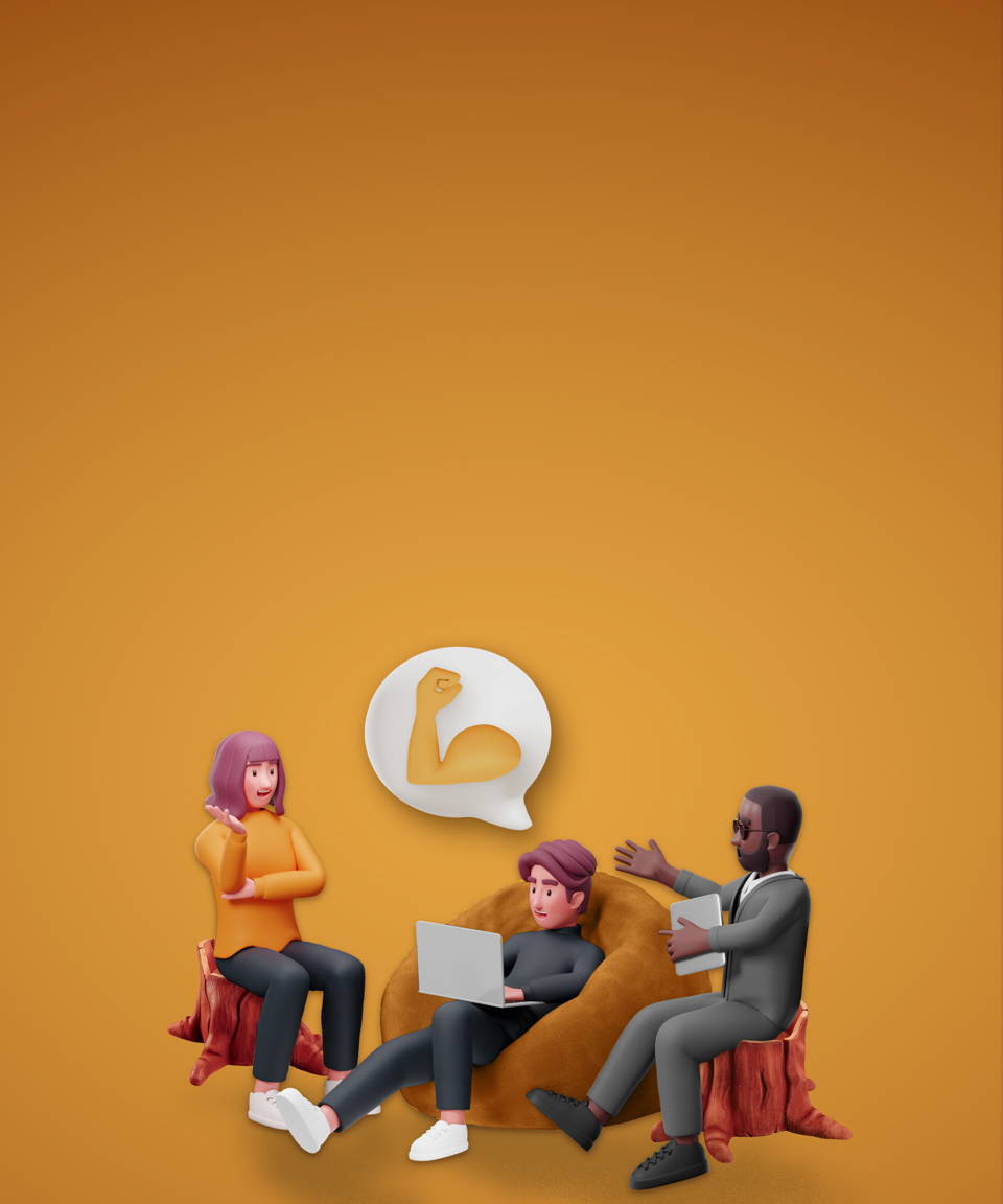 Three 3D cartoon employees sitting around and talking for Confetti's Virtual Culture Club: Self-Doubt to Confidence