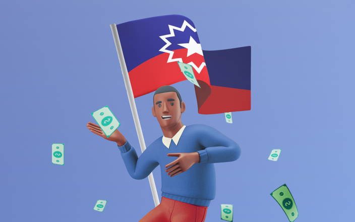 A Black employee jumping joyfully in front of the Juneteenth flag, surrounded by dollar bills for Confetti's Virtual Juneteenth Trivia