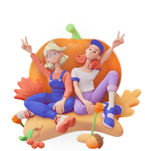 Friends posing with peace signs in front of a pumpkin patch for Thanksgiving Team Building Activities