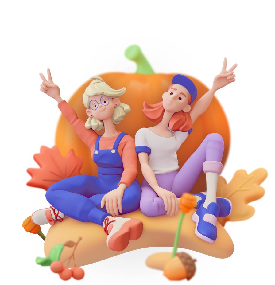 Friends posing with peace signs in front of a pumpkin patch for Thanksgiving Team Building Activities