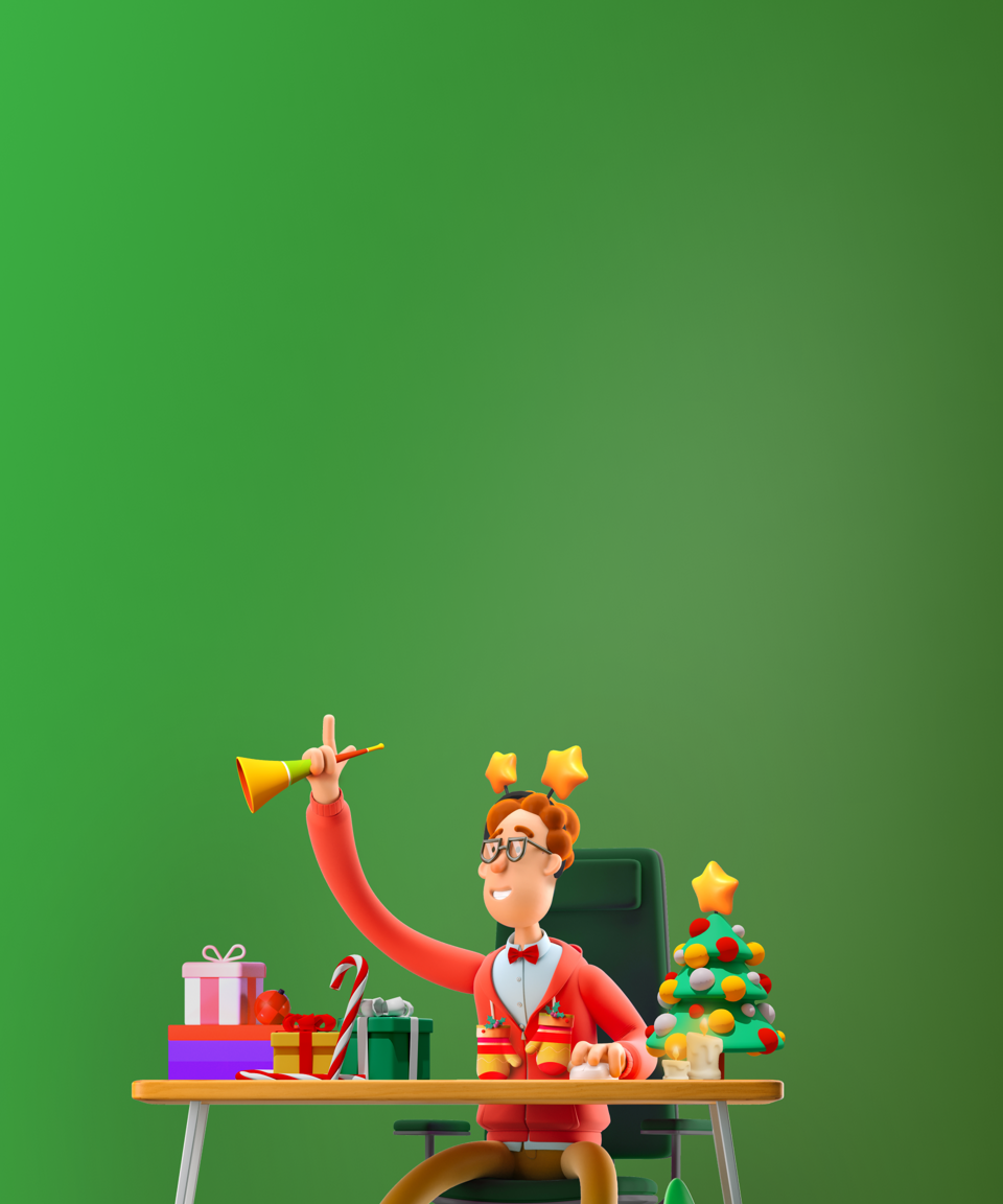 Festive employee raising their hand at their desk surrounded by presents, candles, and a Christmas tree for Confetti's Winter Holiday Trivia