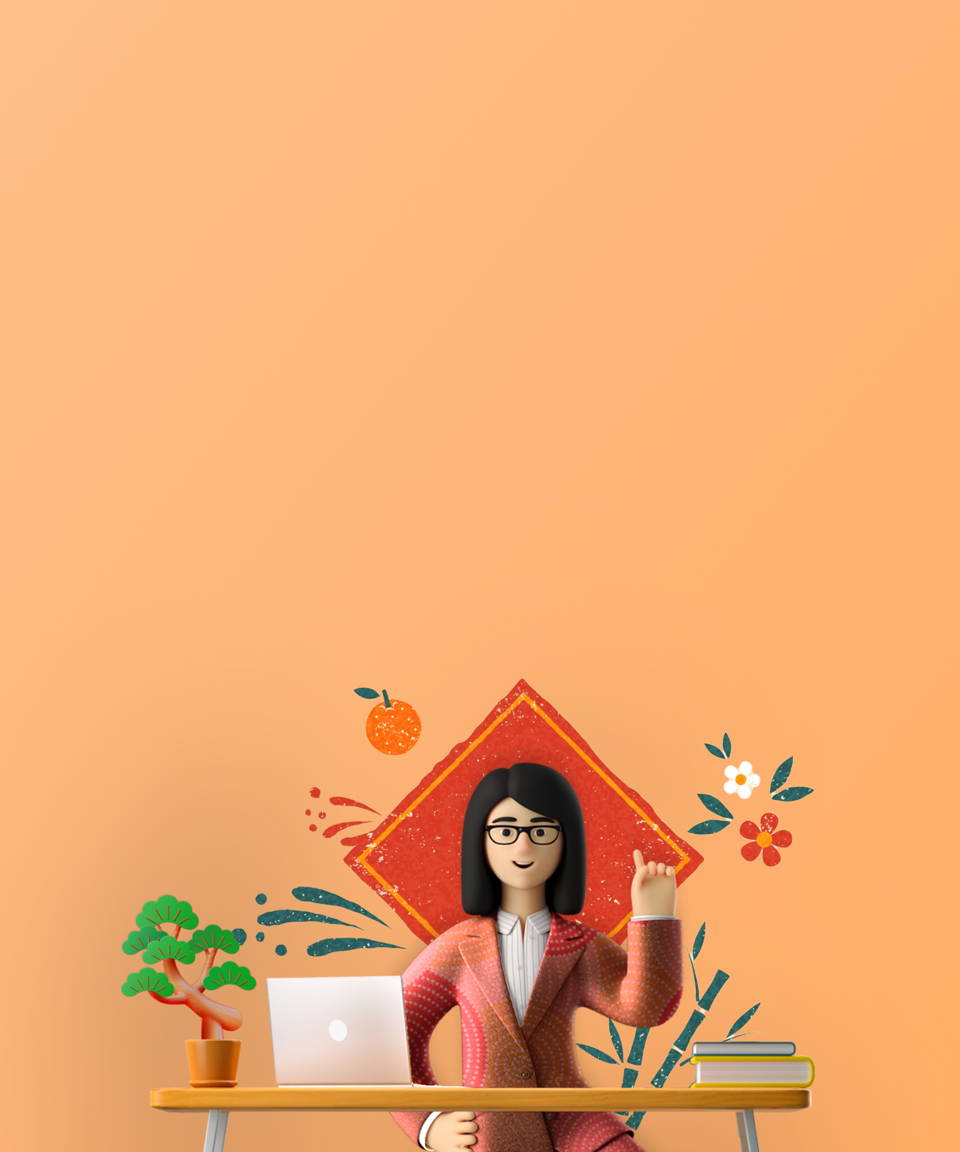 An AAPI businesswoman sitting at her desk and raising her hand to make a guess for Confetti's Virtual AAPI History & Culture Trivia