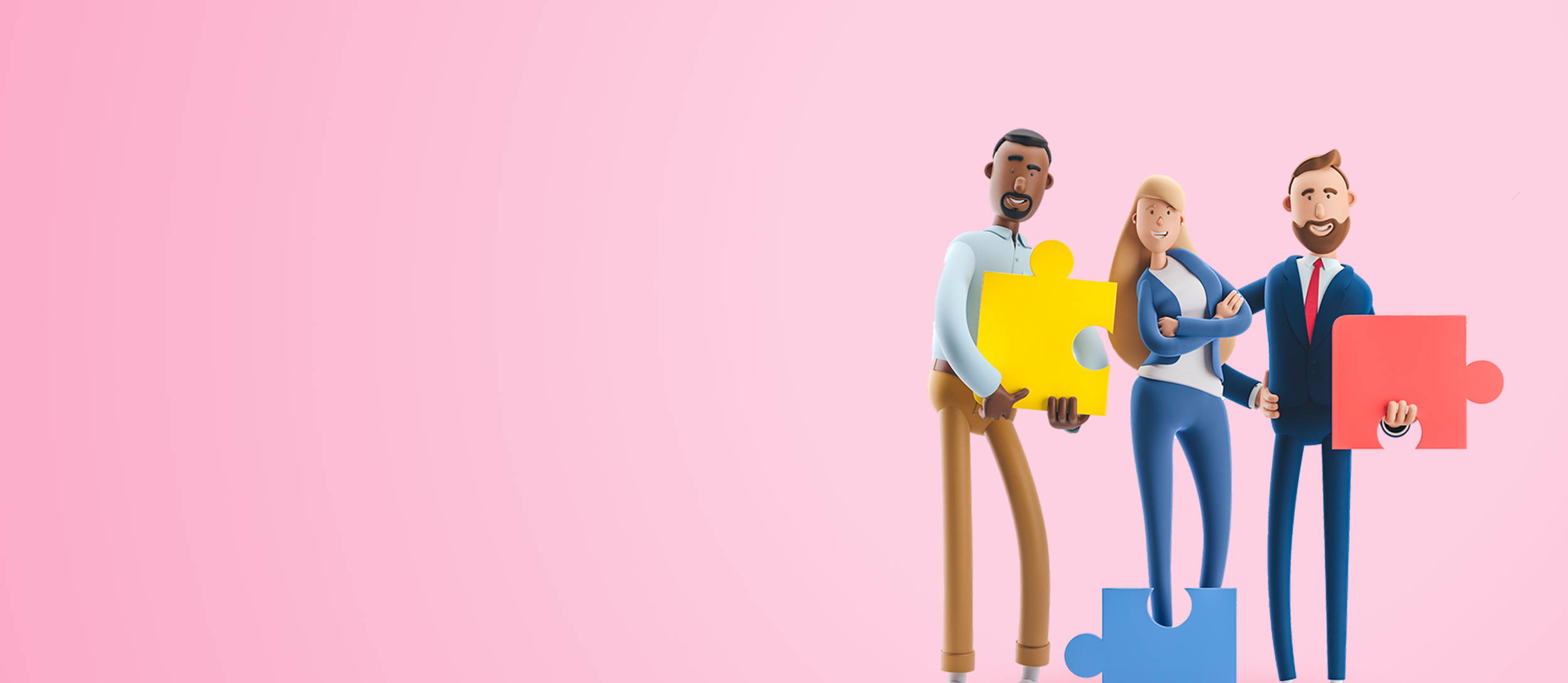 Three employees holding giant interlocking puzzle pieces for Confetti's Virtual Family Feud Custom Game