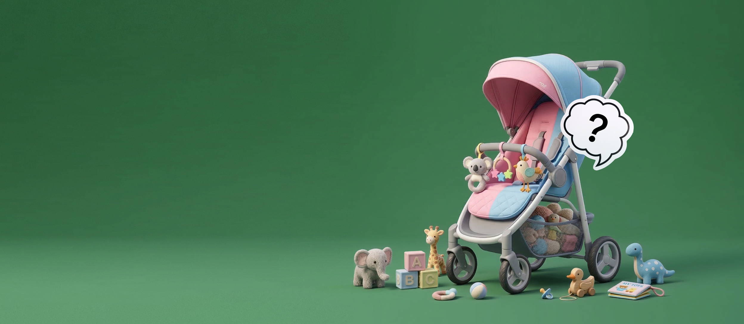 Baby stroller full of & surrounded by baby toys (blocks, rattles, stuffed animals, etc.), with a question mark in a speech bubble coming out, all on a green backdrop. 
